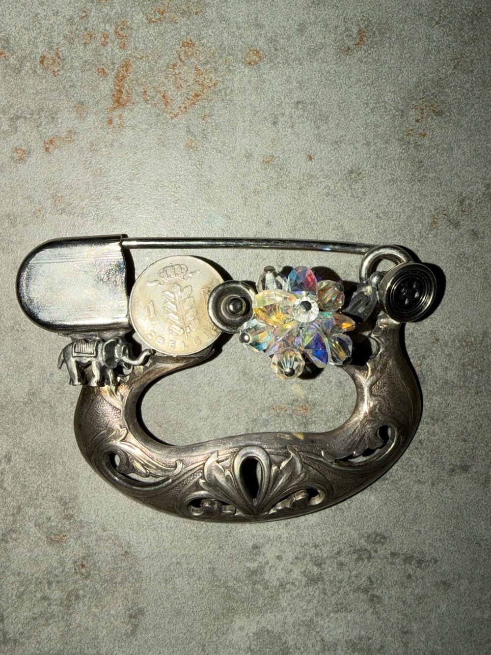 Vintage Silver Brooch with Aurora Crystal Cluster